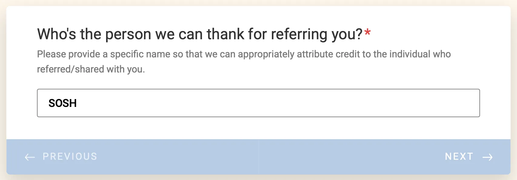 The Toothpillow assessment form asking who referred you, with the code SOSH entered