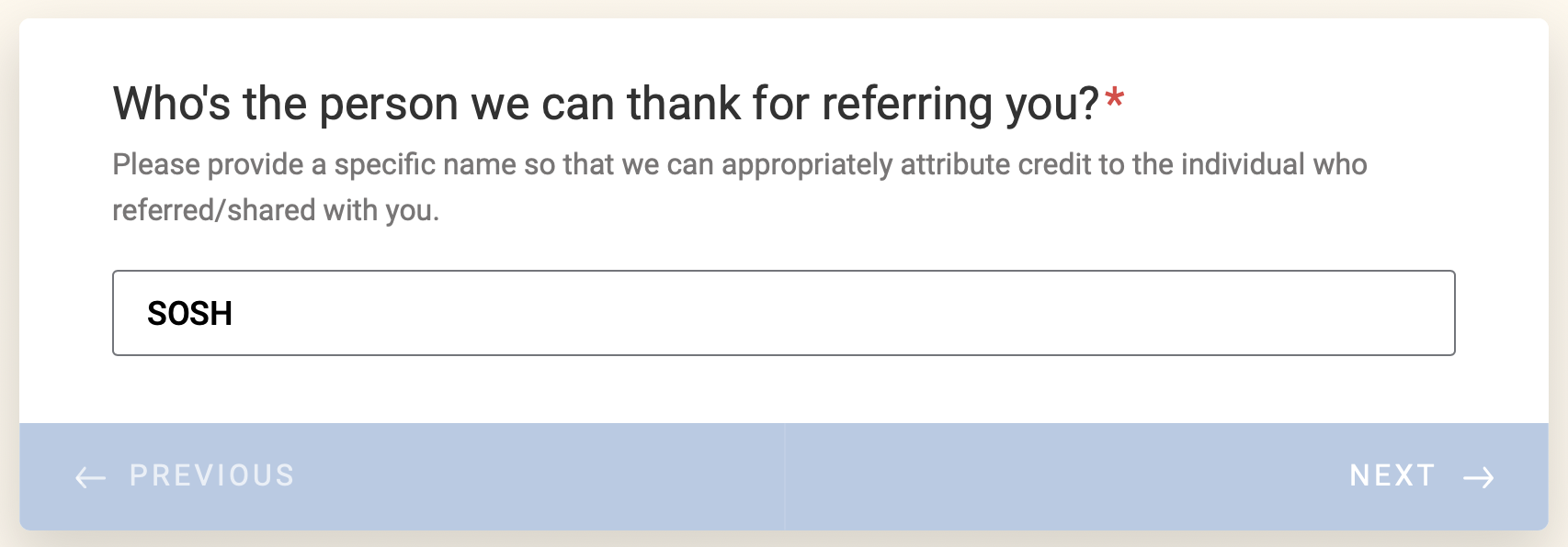 The Toothpillow assessment form asking who referred you, with the code SOSH entered
